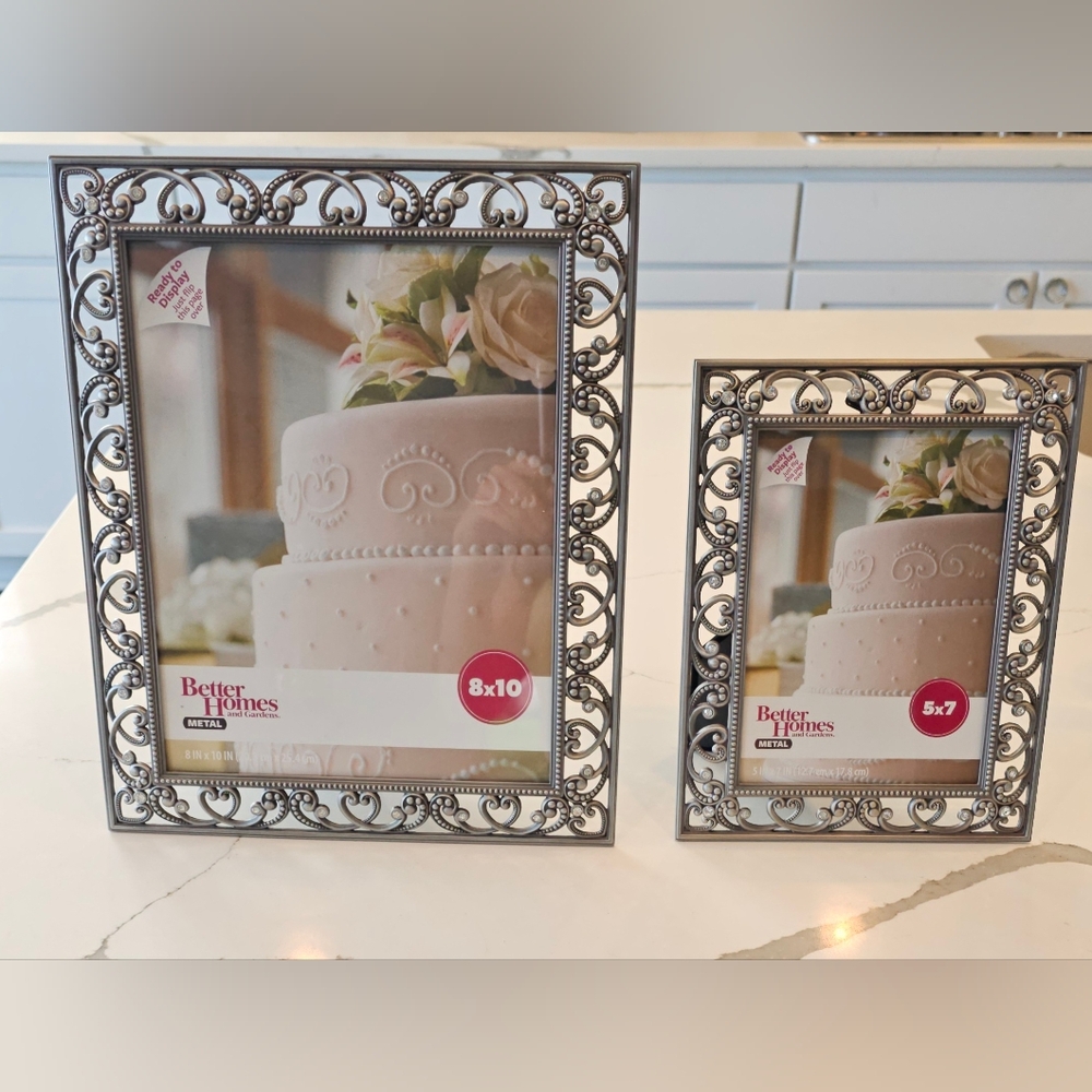 New Ornate Silver Metal Photo Frame Set 8 X 10 & 5 X 7